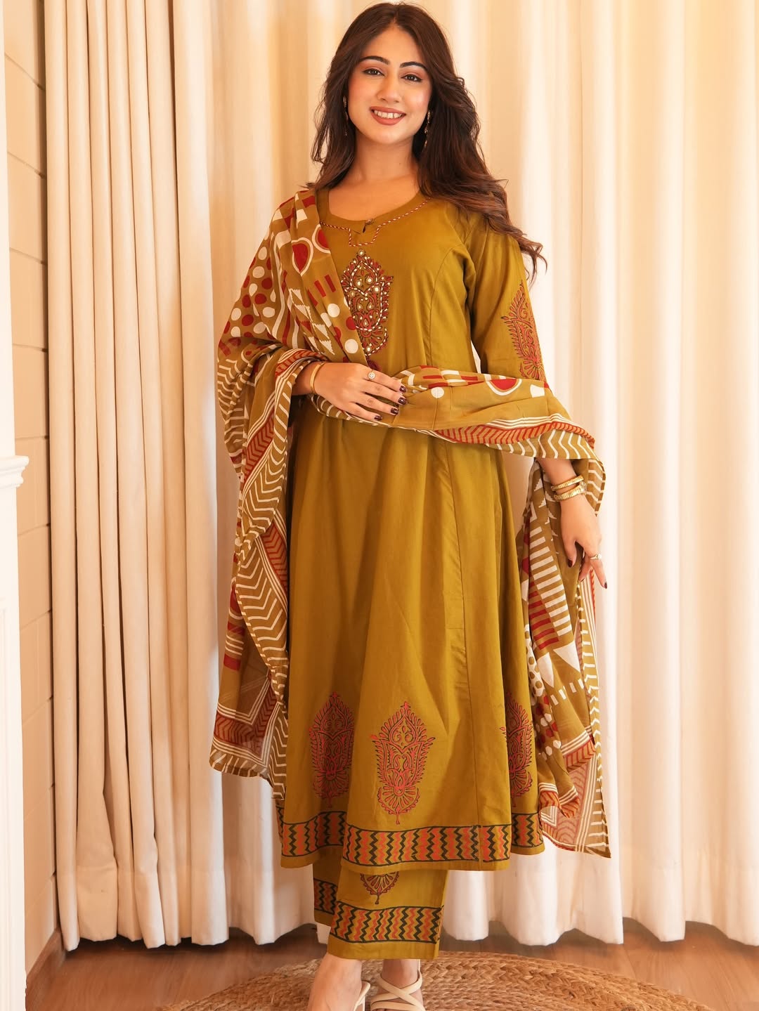 Heavy Cotton A-Line Kurti Pant Dupatta Set
