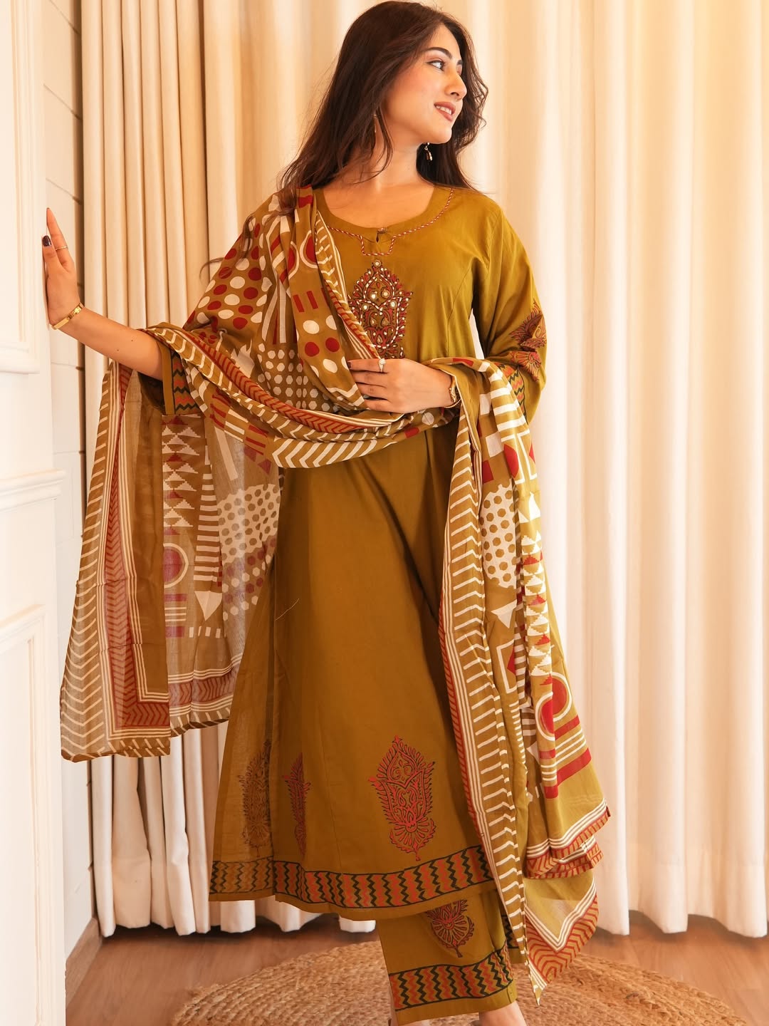 Heavy Cotton A-Line Kurti Pant Dupatta Set