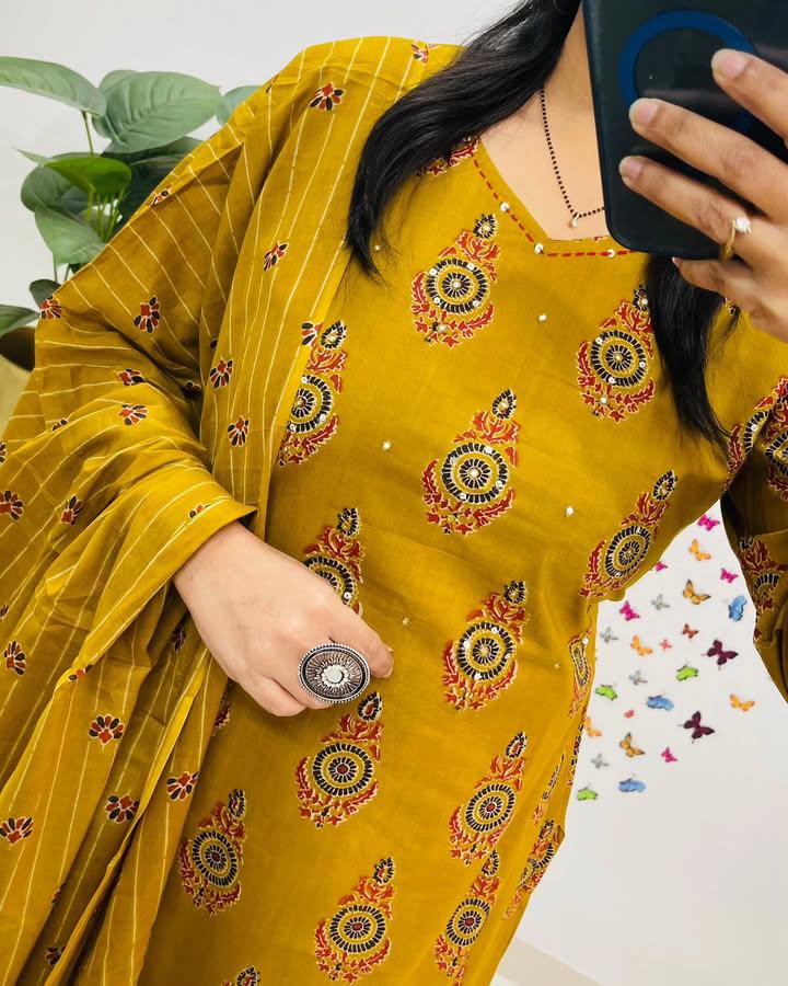Women's Mustard Yellow Printed Kurti With Palazzo & Dupatta Set For Ladies