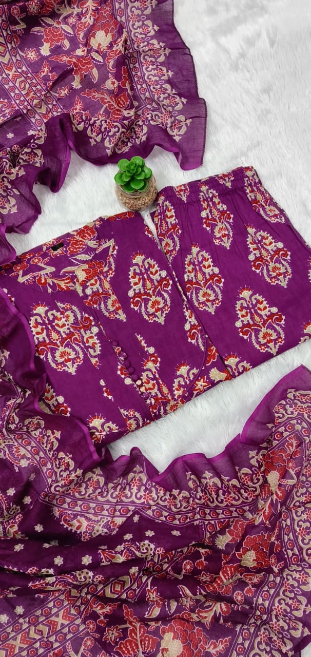 Women's printed cotton & kurta & pant or dupatta set kurti in full sleeves (PVCRD63)