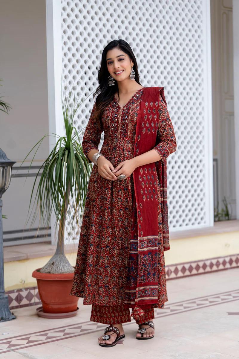 Women's printed cotton kurta pant or dupatta set(PVCRD70)