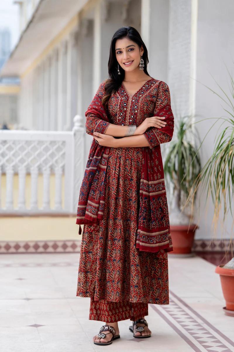 Women's printed cotton kurta pant or dupatta set(PVCRD70)