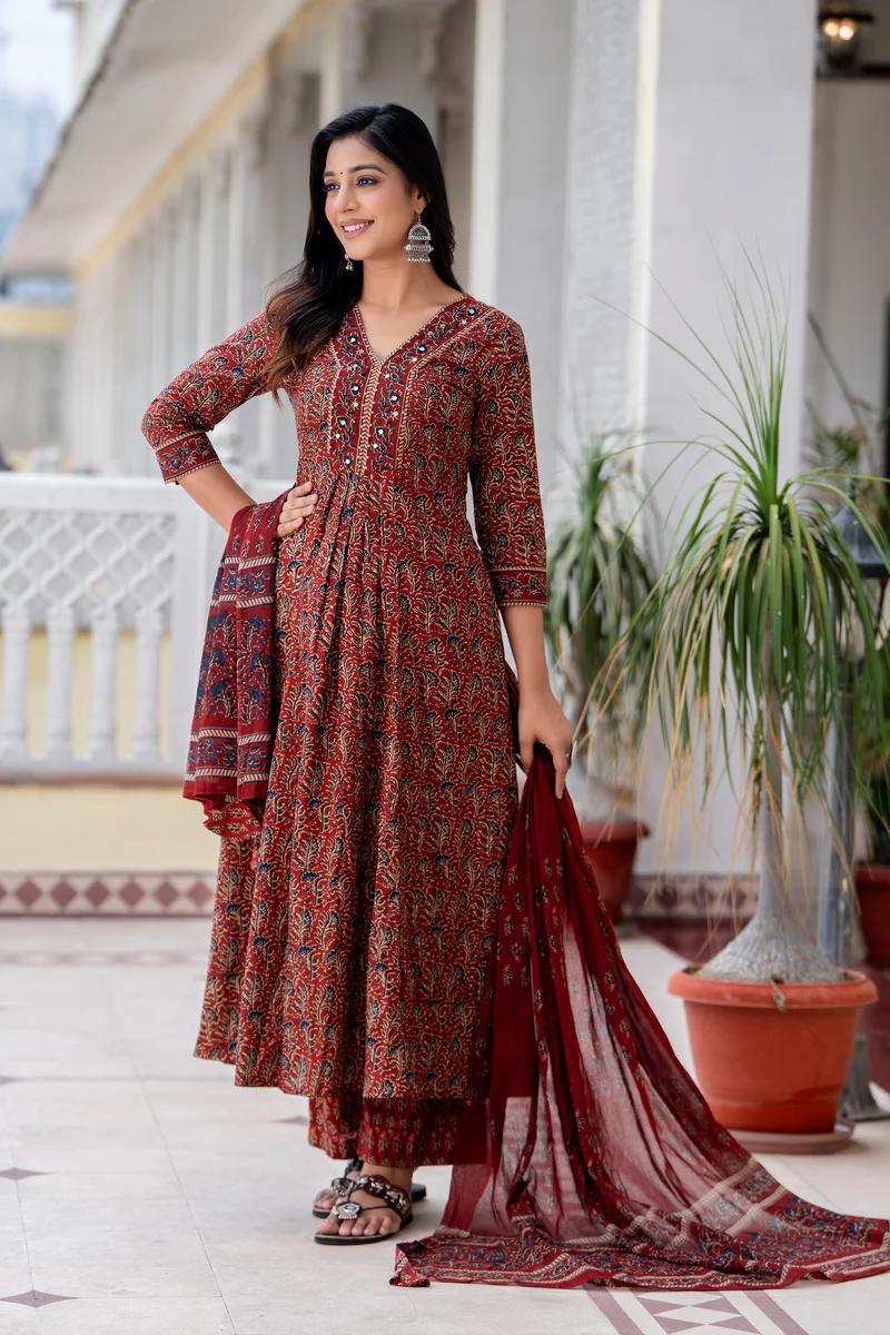 Women's printed cotton kurta pant or dupatta set(PVCRD70)