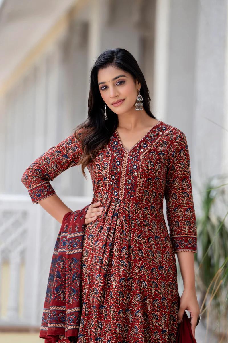 Women's printed cotton kurta pant or dupatta set(PVCRD70)