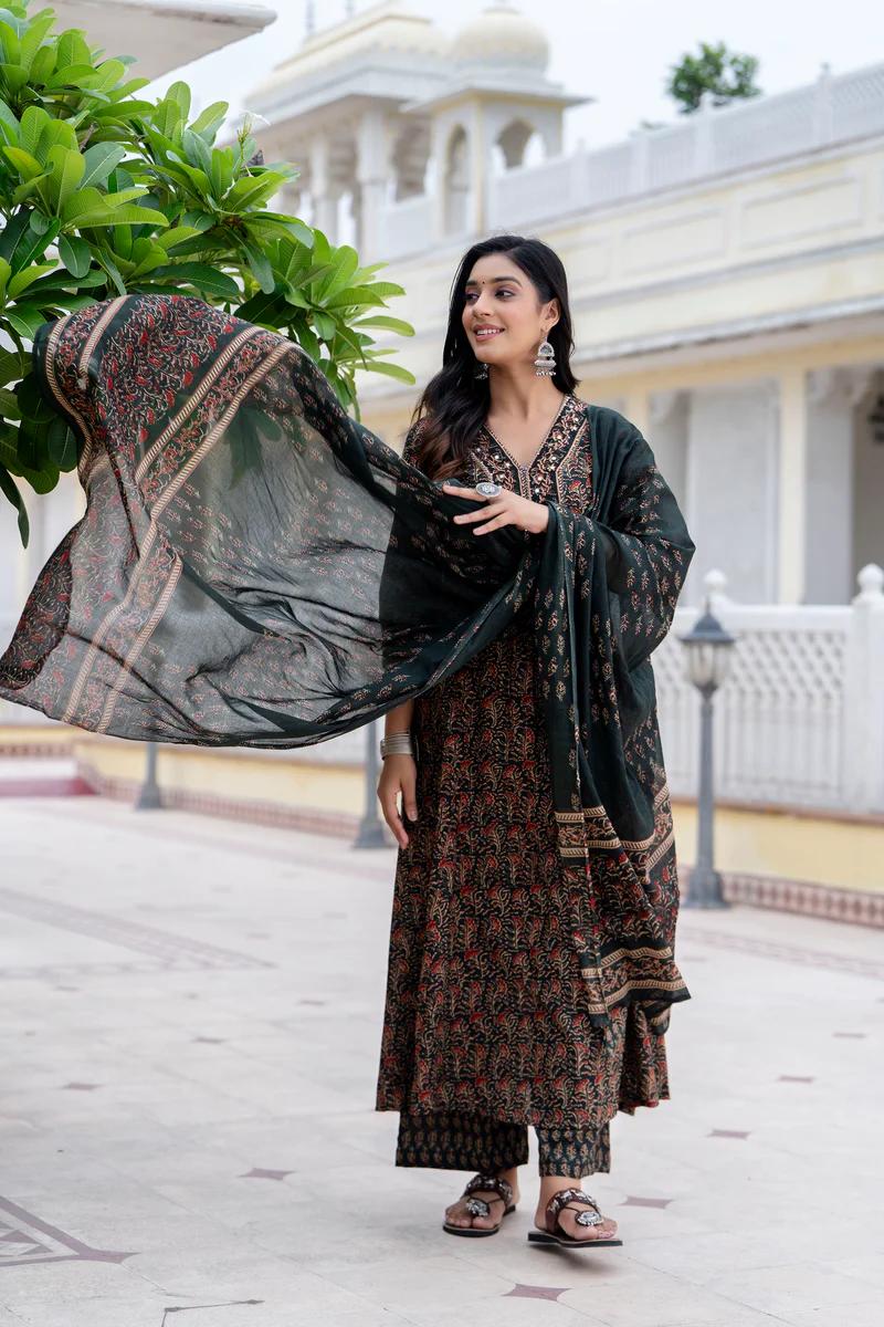 Women's printed cotton kurta pant or dupatta set(PVCRD71)