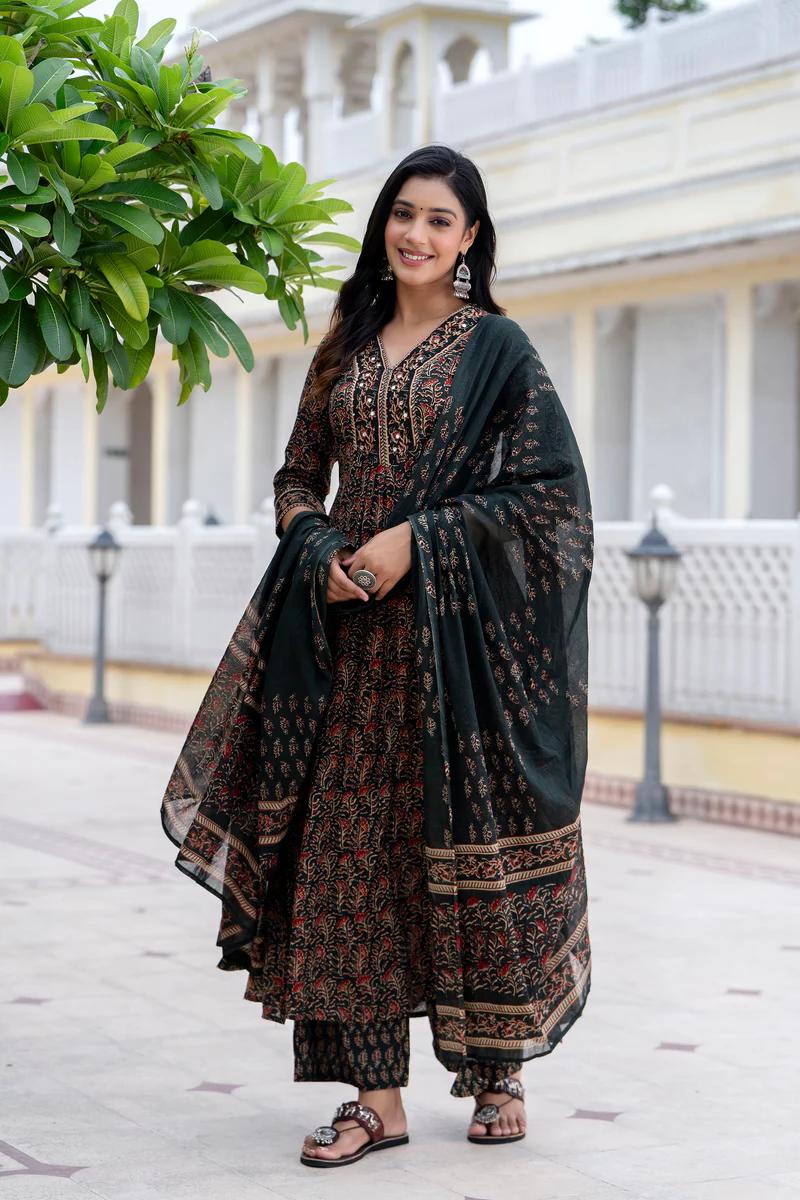 Women's printed cotton kurta pant or dupatta set(PVCRD71)