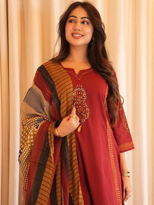Heavy Cotton A-Line Kurti Pant Dupatta Set