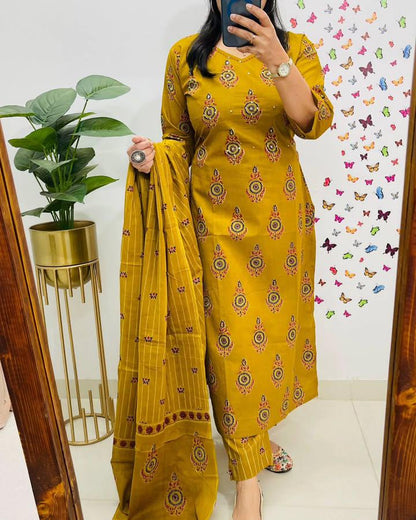 Women's Mustard Yellow Printed Kurti With Palazzo & Dupatta Set For Ladies