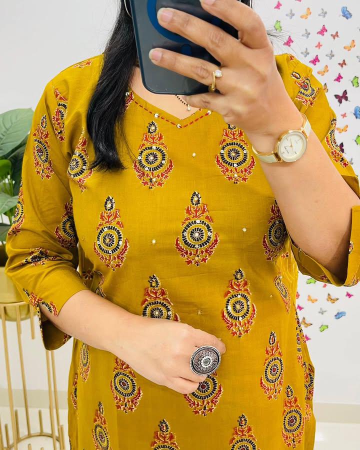 Women's Mustard Yellow Printed Kurti With Palazzo & Dupatta Set For Ladies