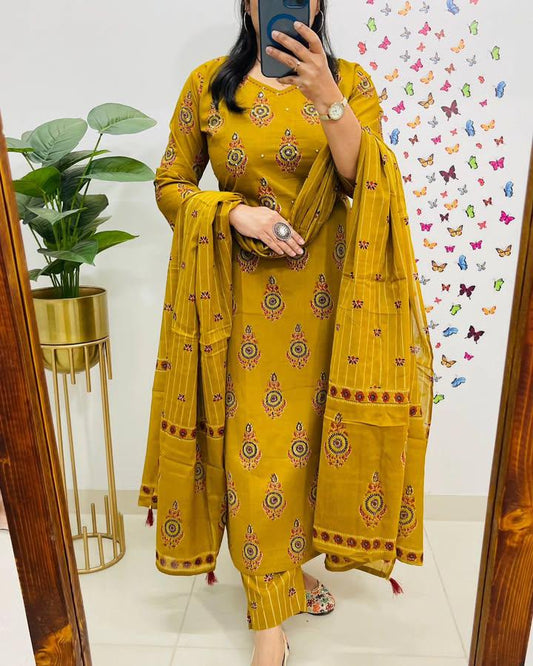 Women's Mustard Yellow Printed Kurti With Palazzo & Dupatta Set For Ladies