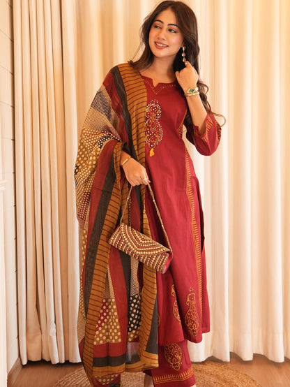 Heavy Cotton A-Line Kurti Pant Dupatta Set