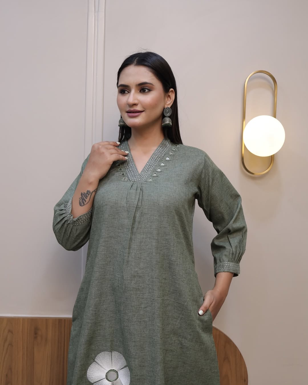 full embroidery 🌺 front with katha detailing pocket -one side pocket in kurta•(PVCD44)