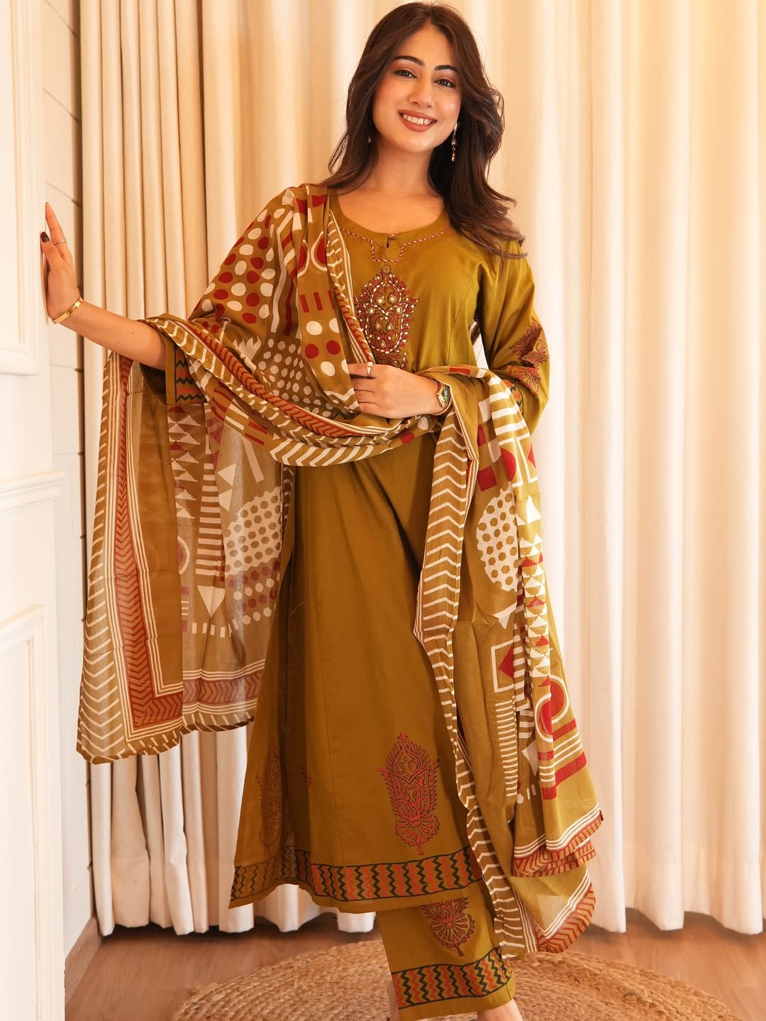 Heavy Cotton A-Line Kurti Pant Dupatta Set