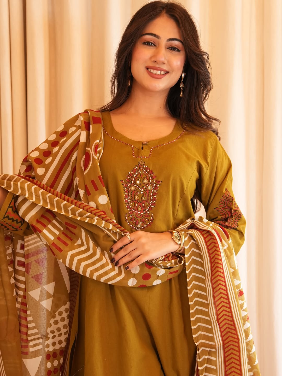 Heavy Cotton A-Line Kurti Pant Dupatta Set