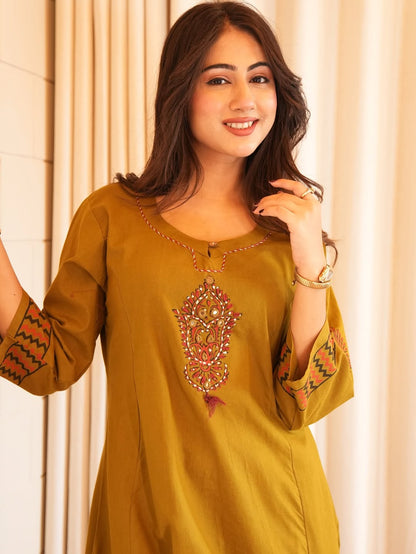 Heavy Cotton A-Line Kurti Pant Dupatta Set