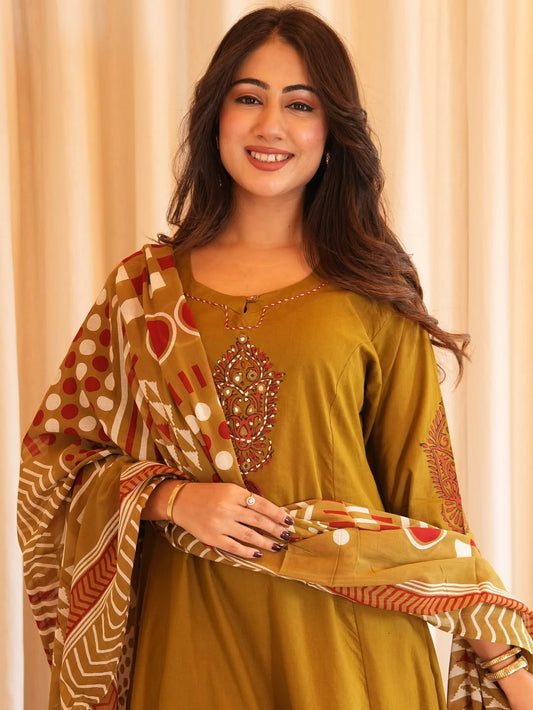 Heavy Cotton A-Line Kurti Pant Dupatta Set
